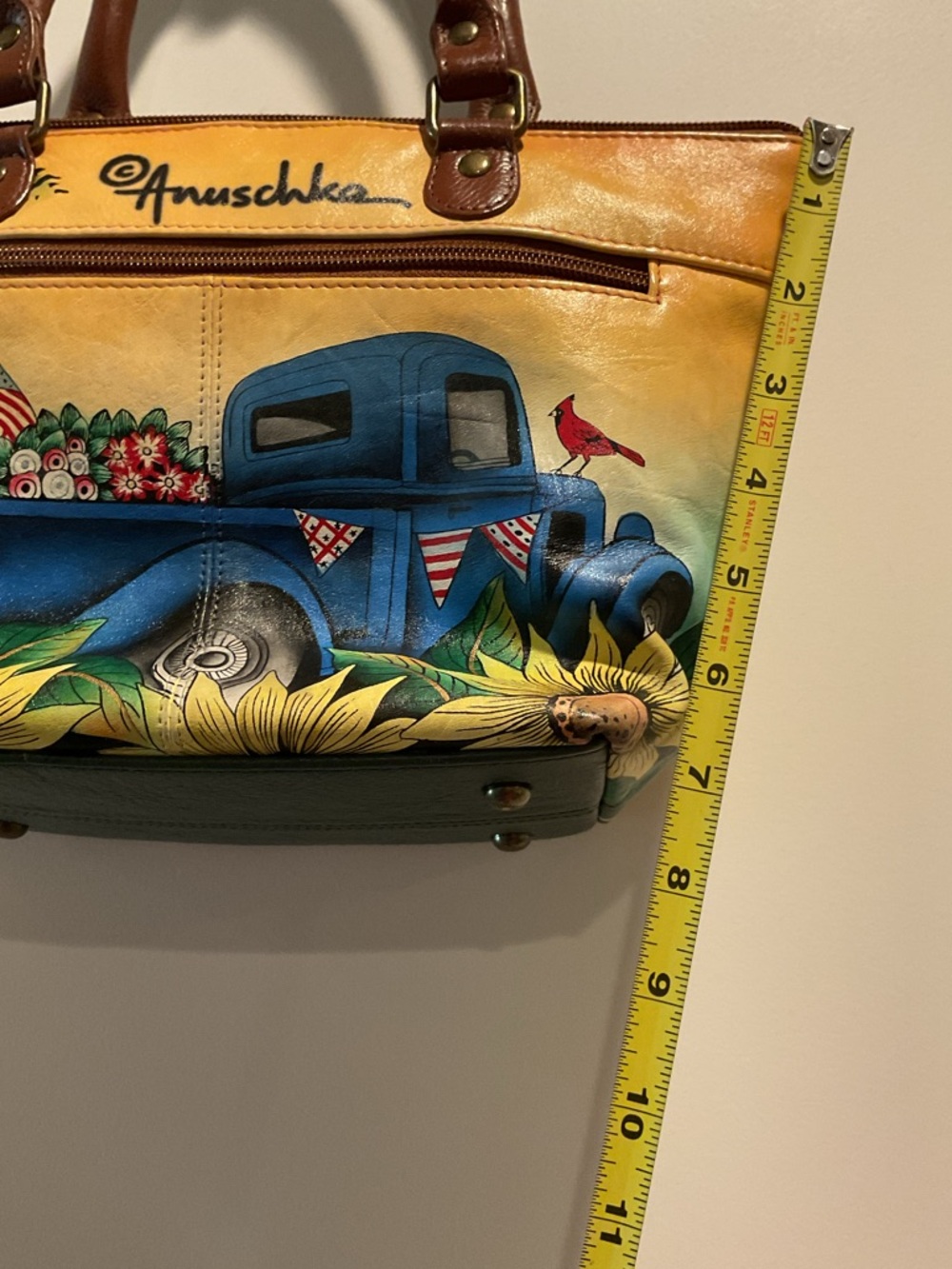 ANUSCHKA Blue Truck Barn Hand-Painted Leather Purse Handbag - Picture 10 of 15
